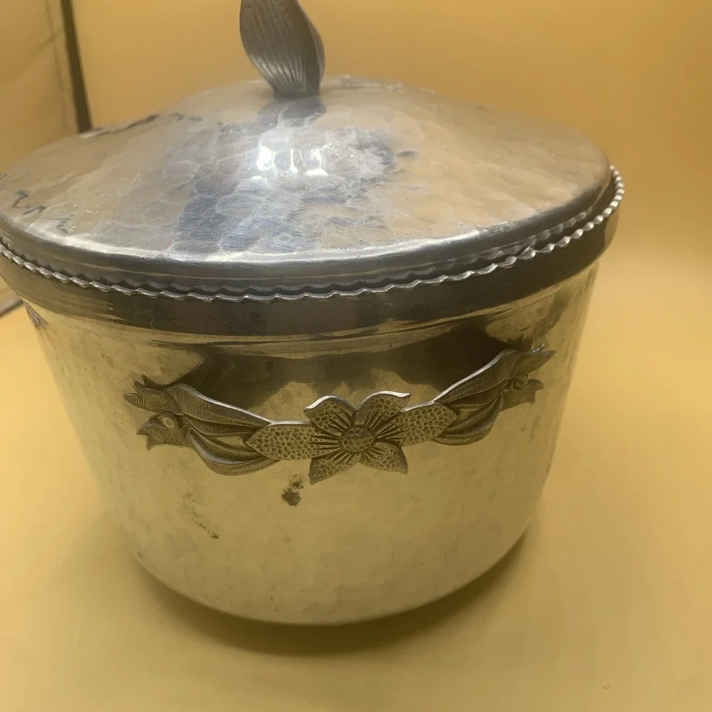 Vintage Hammered Aluminum Silver MCM Tulips Floral Double Walled Ice Bucket